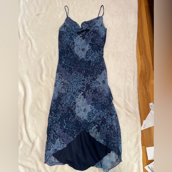 Vintage Midi Asymmetrical Cowl Neck Dress Size 2 Blue Pattern - Picture 2 of 10